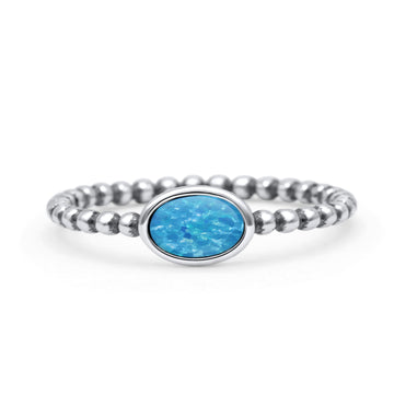 Beaded Oxidized Thumb Ring Oval Statement Fashion Ring Band Lab Created Blue Opal 925 Sterling Silver